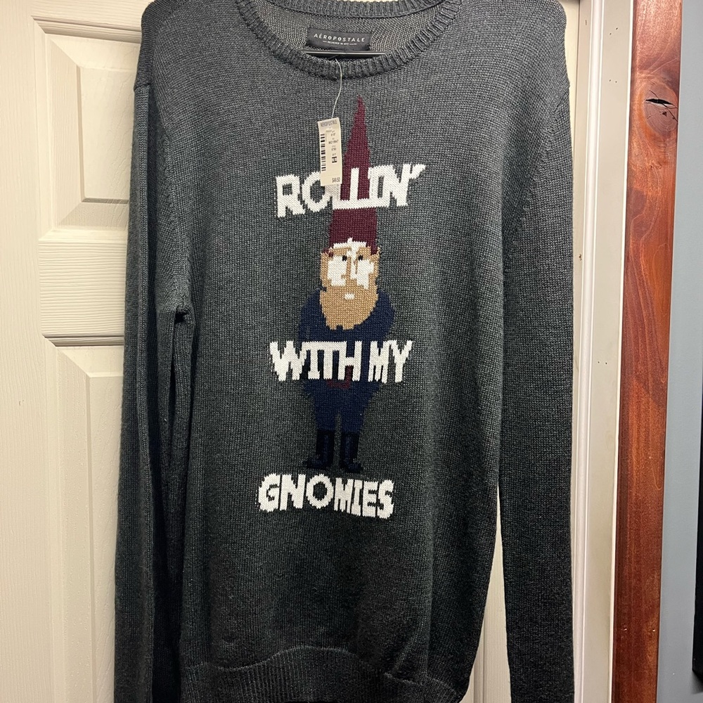 Aeropstale Gray Christmas Sweater with Gnome Design size medium
